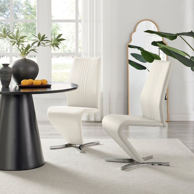 FurnitureboxUK Set of 2 Willow Contemporary Z Shaped Faux Leather Dining Chairs With Silver Chrome Metal Legs in White - image 1