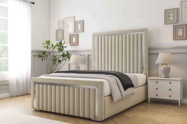 "Comfort Beds Boston Chrome Plush Bed Frame - 50"" Upholstered Headboard in Cream - Size: Super King" - image 1