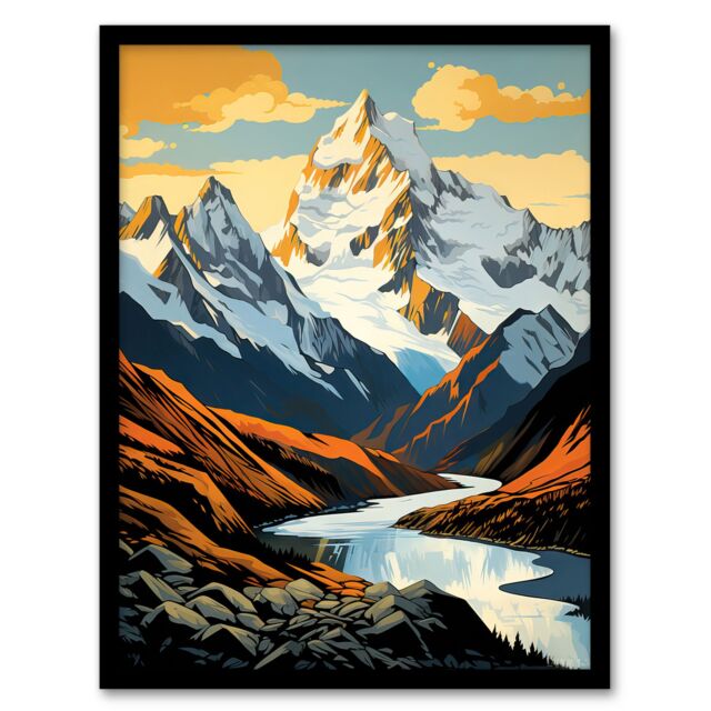 "Artery8 Aoraki Mount Cook Artwork National Park New Zealand Snow Peaked Mountain Cloud Piercer Art Print Framed Poster Wall Decor - Size: W12"" x H16""" - image 1