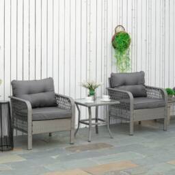 OUTSUNNY 3 Pieces Patio Rattan Wicker Bistro Set Conversation Furniture Set Grey - thumbnail 1