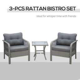 OUTSUNNY 3 Pieces Patio Rattan Wicker Bistro Set Conversation Furniture Set Grey - thumbnail 4