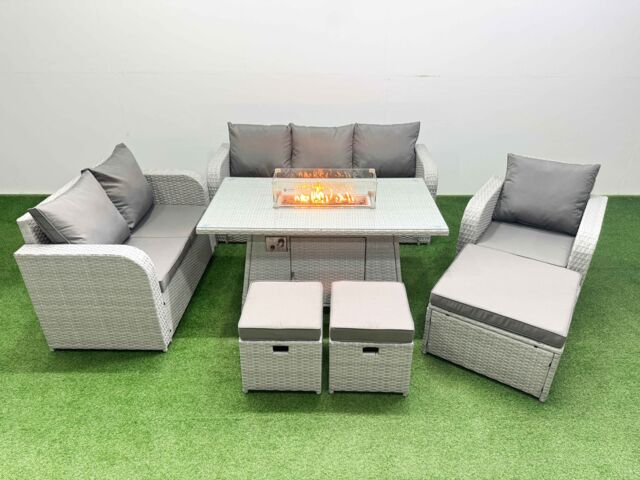 Fimous Patio PE Wicker 9 Seater Outdoor Rattan Furniture Sofa Sets w/ Firepit Dining Table Reclining Chair Loveseat Sofa 3 Seater Sofa Stool Light - image 1