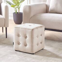Wyld and Coco Velvet Cube Pouffe - Light Beige Button-Tufted - thumbnail 1