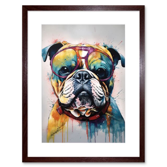 "Artery8 Wall Art Print English Bulldog Dog Wearing Vintage Sunglasses Artwork Framed 9X7 Inch in Brown - Size: W7"" x H9""" - image 1