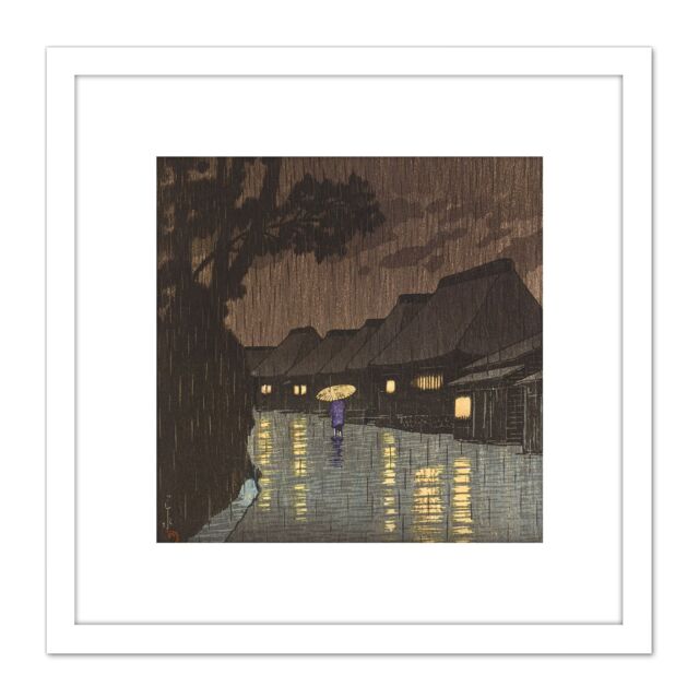 Artery8 Hasui Rain At Maekawa Sochu 8X8 Inch Square Wooden Framed Wall Art Print Picture with Mount in White - image 1