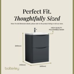 Balterley Bathroom Floor 2 Drawer Vanity & Polymarble Basin, Dark Grey, 600mm in Grey - thumbnail 5