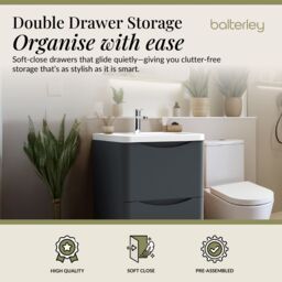 Balterley Bathroom Floor 2 Drawer Vanity & Polymarble Basin, Dark Grey, 600mm in Grey - thumbnail 2