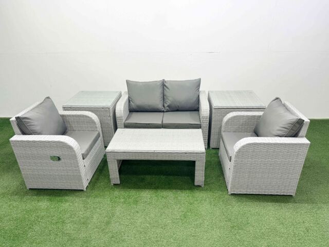 Fimous Light Grey PE Wicker Rattan Garden Furniture Set Sofa Set Reclining Adjustable Chair Oblong Coffee Table 4 Seater With 2 Side Table - image 1