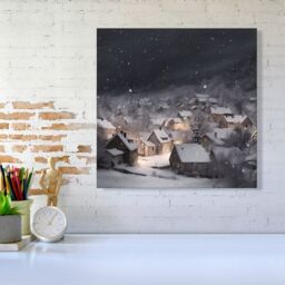 "Warren Reed - Designer Snowfall Over A Quiet Village Canvas - Size: W16"" x H16""" - thumbnail 1
