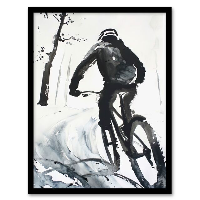 Artery8 Abstract Mountain Biker Biking Winter Landscape Framed Wall Art in Grey - Size: A4 - image 1