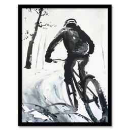 Artery8 Abstract Mountain Biker Biking Winter Landscape Framed Wall Art in Grey - Size: A4 - thumbnail 1