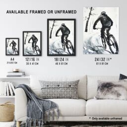 Artery8 Abstract Mountain Biker Biking Winter Landscape Framed Wall Art in Grey - Size: A4 - thumbnail 3