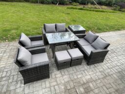 Fimous Rattan Garden Furniture Set 8 Seater Patio Outdoor Lounge Sofa Set with Rectangular Dining Table Love Seat Sofa Side Table in Dark Grey - thumbnail 2