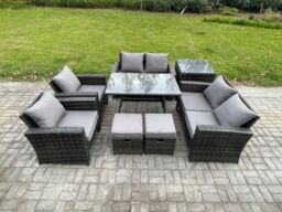Fimous Rattan Garden Furniture Set 8 Seater Patio Outdoor Lounge Sofa Set with Rectangular Dining Table Love Seat Sofa Side Table in Dark Grey - thumbnail 1