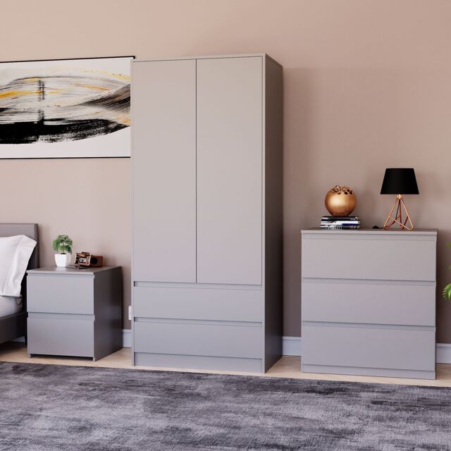 Home Discount Vida Designs Denver Bedroom Set (2 Dr Bedside, 3 Dr Chest, Wardrobe) in Grey - image 1