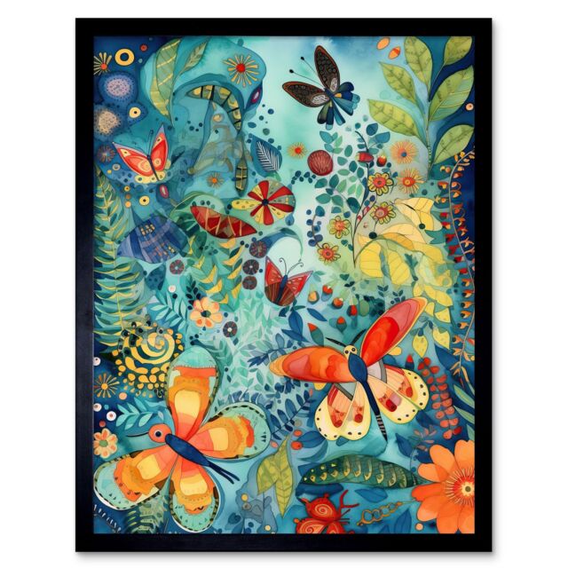 "Artery8 Wall Art Print Butterfly Insects in Flower Field Modern Folk Art Framed in Black - Size: W12"" x H16""" - image 1