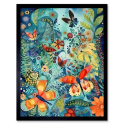 "Artery8 Wall Art Print Butterfly Insects in Flower Field Modern Folk Art Framed in Black - Size: W12"" x H16""" - thumbnail 1
