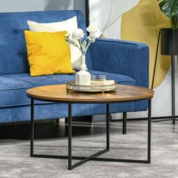 HOMCOM Coffee Table Industrial Round Side Table Metal Frame Living Room in Brown - thumbnail 1