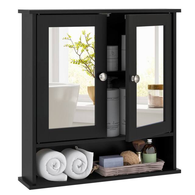 Costway Wall Mounted Bathroom Cabinet w/Mirror Wooden 2 Doors Medicine Cabinet in Black - image 1