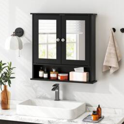 Costway Wall Mounted Bathroom Cabinet w/Mirror Wooden 2 Doors Medicine Cabinet in Black - thumbnail 7