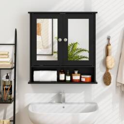 Costway Wall Mounted Bathroom Cabinet w/Mirror Wooden 2 Doors Medicine Cabinet in Black - thumbnail 6