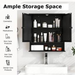 Costway Wall Mounted Bathroom Cabinet w/Mirror Wooden 2 Doors Medicine Cabinet in Black - thumbnail 4