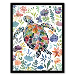 Artery8 Abstract Sea Turtle Colourful Floral Watercolour Framed Wall Art - Size: A4 - thumbnail 1