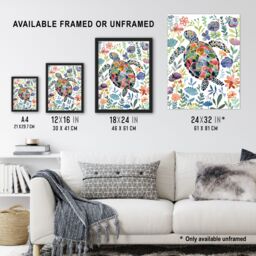 Artery8 Abstract Sea Turtle Colourful Floral Watercolour Framed Wall Art - Size: A4 - thumbnail 3