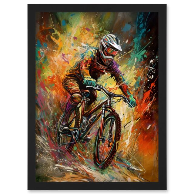 Artery8 Mountain Biker Paint Splat Portrait Action Shot Artwork Framed Wall Art Print A4 in Black - image 1