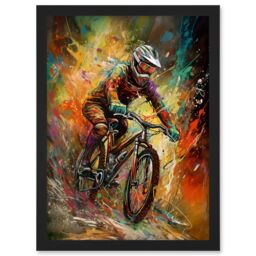Artery8 Mountain Biker Paint Splat Portrait Action Shot Artwork Framed Wall Art Print A4 in Black - thumbnail 1