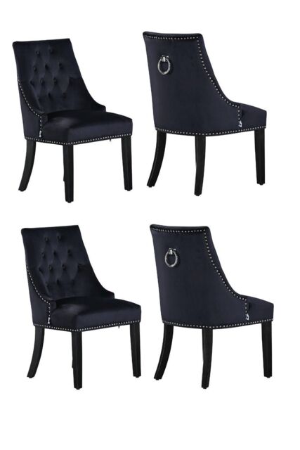 Life Interiors Set of 4 Velvet Dining Chairs Scoop Knockerback & Button Tufted, Solid Wood Legs in Black - image 1