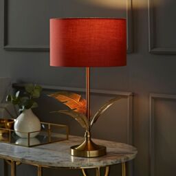 ValueLights Christina Fabric Drum Shade Gold Palm Leaf Table Lamp with LED Bulb in Burnt Orange - thumbnail 1