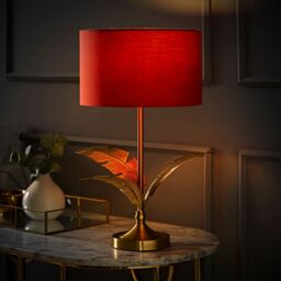 ValueLights Christina Fabric Drum Shade Gold Palm Leaf Table Lamp with LED Bulb in Burnt Orange - thumbnail 3