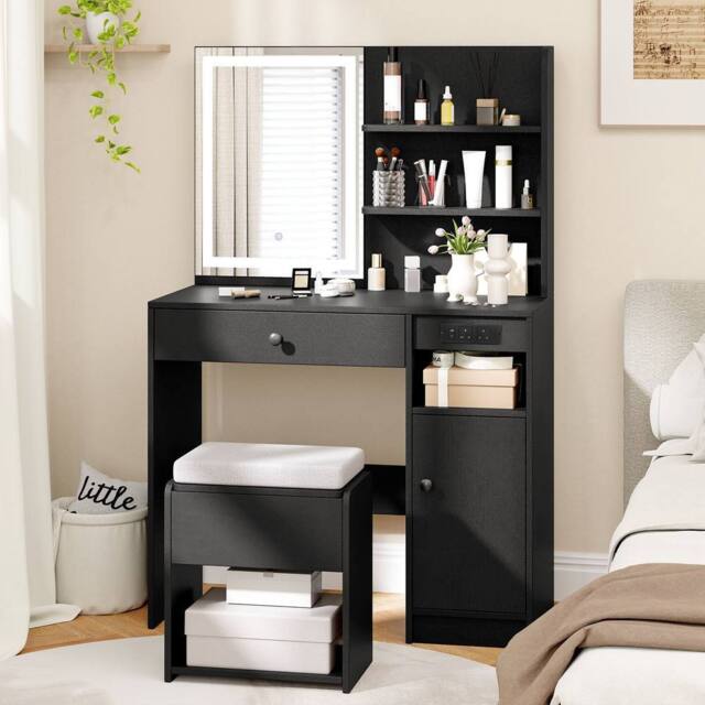 Costway Wooden Vanity Desk w/ Stool Makeup Dressing Table w/Mirror & Lights in Black - image 1