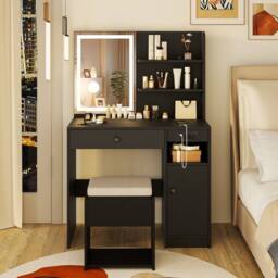 Costway Wooden Vanity Desk w/ Stool Makeup Dressing Table w/Mirror & Lights in Black - thumbnail 2