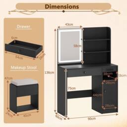 Costway Wooden Vanity Desk w/ Stool Makeup Dressing Table w/Mirror & Lights in Black - thumbnail 4