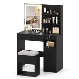 Costway Wooden Vanity Desk w/ Stool Makeup Dressing Table w/Mirror & Lights in Black - thumbnail 3
