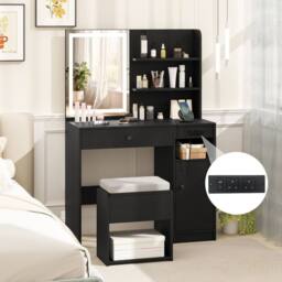 Costway Wooden Vanity Desk w/ Stool Makeup Dressing Table w/Mirror & Lights in Black - thumbnail 6