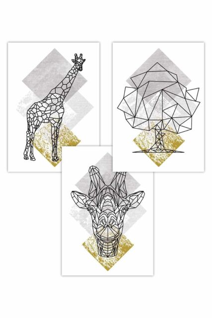 ARTZE Set of 3 Geometric Line Art Yellow Giraffe Art Posters - Size: W30 cm x H42 cm - image 1