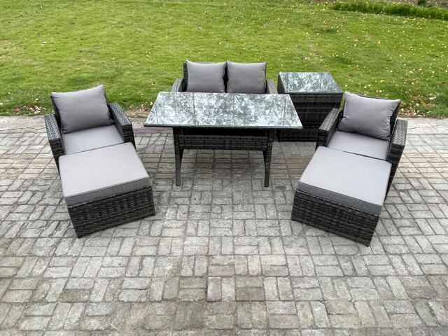 Fimous Outdoor Lounge Sofa Garden Furniture Set Rattan Rectangular Dining Table with Double Seat Sofa Armchair 2 Big Footstool in Dark Grey