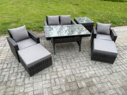 Fimous Outdoor Lounge Sofa Garden Furniture Set Rattan Rectangular Dining Table with Double Seat Sofa Armchair 2 Big Footstool in Dark Grey - thumbnail 2