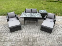 Fimous Outdoor Lounge Sofa Garden Furniture Set Rattan Rectangular Dining Table with Double Seat Sofa Armchair 2 Big Footstool in Dark Grey - thumbnail 1