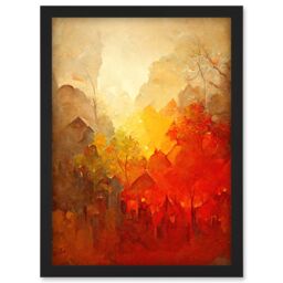 Artery8 Hidden Village Autumn Forest Warm Glow Watercolour Artwork Framed Wall Art Print A4 in Black - thumbnail 1