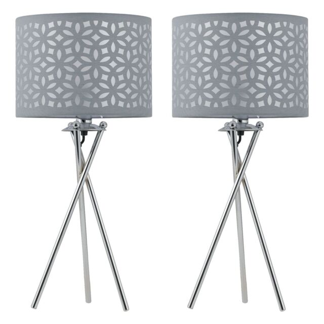 First Choice Lighting Set of 2 Chrome Tripod Table Lamps with Grey Laser Cut Shades in Silver - image 1