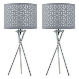 First Choice Lighting Set of 2 Chrome Tripod Table Lamps with Grey Laser Cut Shades in Silver - thumbnail 1