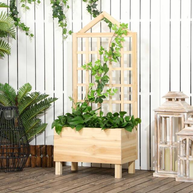 OUTSUNNY Wooden Garden Planters with Trellis for Vine Climbing Plants, Natural - image 1