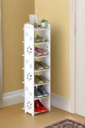 Living and Home Narrow Shoe Rack 7 Tier for Closet Entryway Tall Slim Vertical Shoe Rack for Small Spaces in White - thumbnail 2