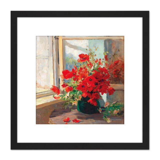 Artery8 Florian Bouquet Poppies Window Flowers Painting 8X8 Inch Square Wooden Framed Wall Art Print Picture with Mount in Black - image 1