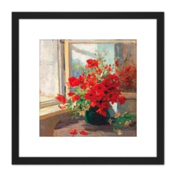 Artery8 Florian Bouquet Poppies Window Flowers Painting 8X8 Inch Square Wooden Framed Wall Art Print Picture with Mount in Black - thumbnail 1