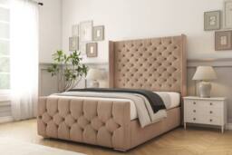 "Sloomy Luthor Naples Bed Frame With 50"" Upholstered Wingback Headboard in Light Brown - Size: Single" - thumbnail 2